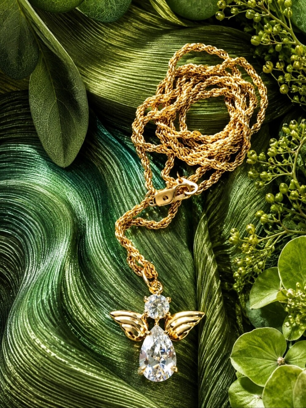 Cubic Zirconia Guardian Angel Protection Necklace Gold Tone NWOT